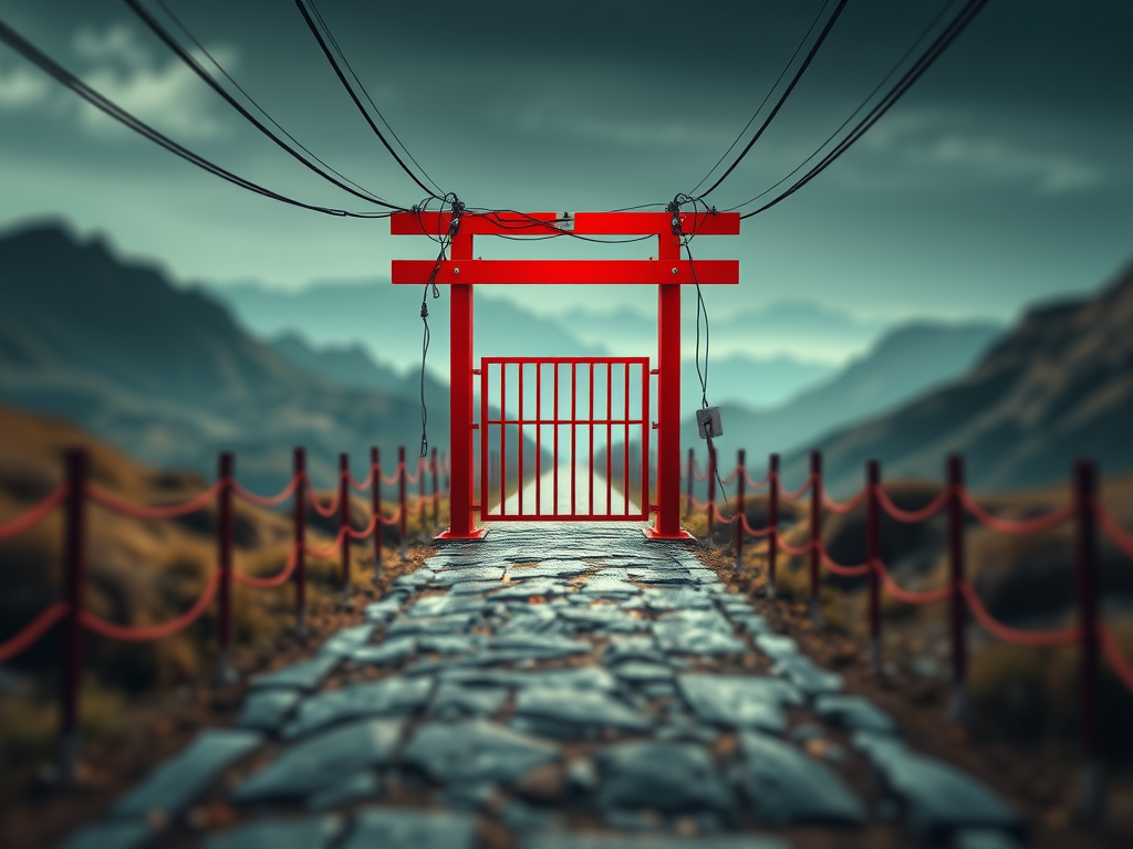 A first-person view down a shifting path that cuts through blurred landscapes, leading to a stark red danger gate with electrical wiring—the fixed, perilous goal of an endless loop.