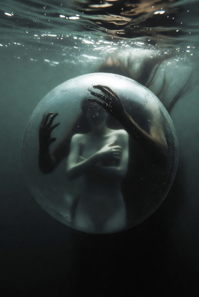 A figure stands alone inside a transparent air bubble underwater, while a tall, thin creature with elongated arms presses against the outside of the bubble, surrounding but not touching the figure.