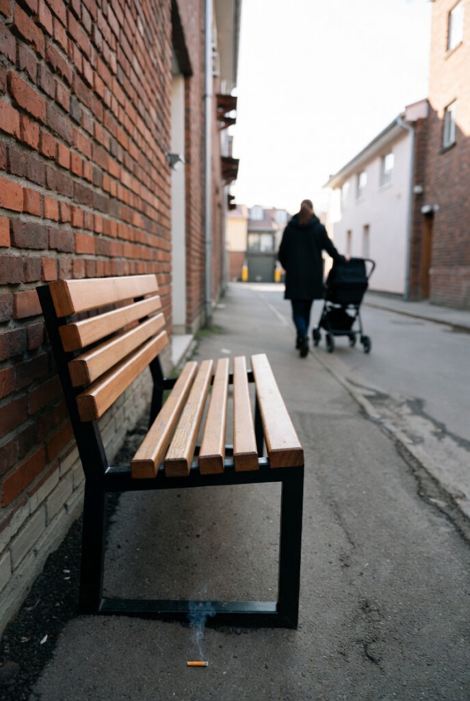 A wooden bench in a narrow alley behind a building, with a half-smoked cigarette on the ground. In the distance, a woman with a baby carriage walks away.