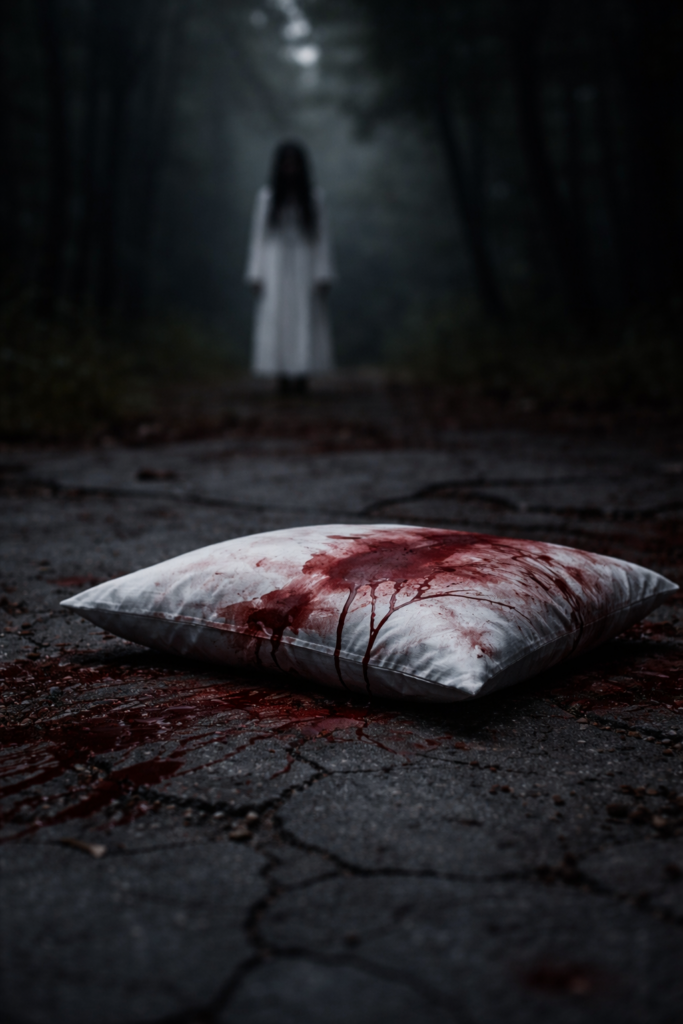A white pillow lies abandoned on cracked, bloody pavement. In the blurred background, a figure in white stands at the edge of a dark forest.